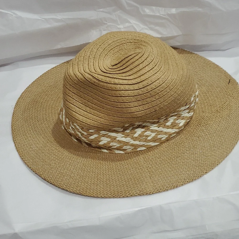 Joe's‎ jean tan cream color block braided detail straw panama style hat new